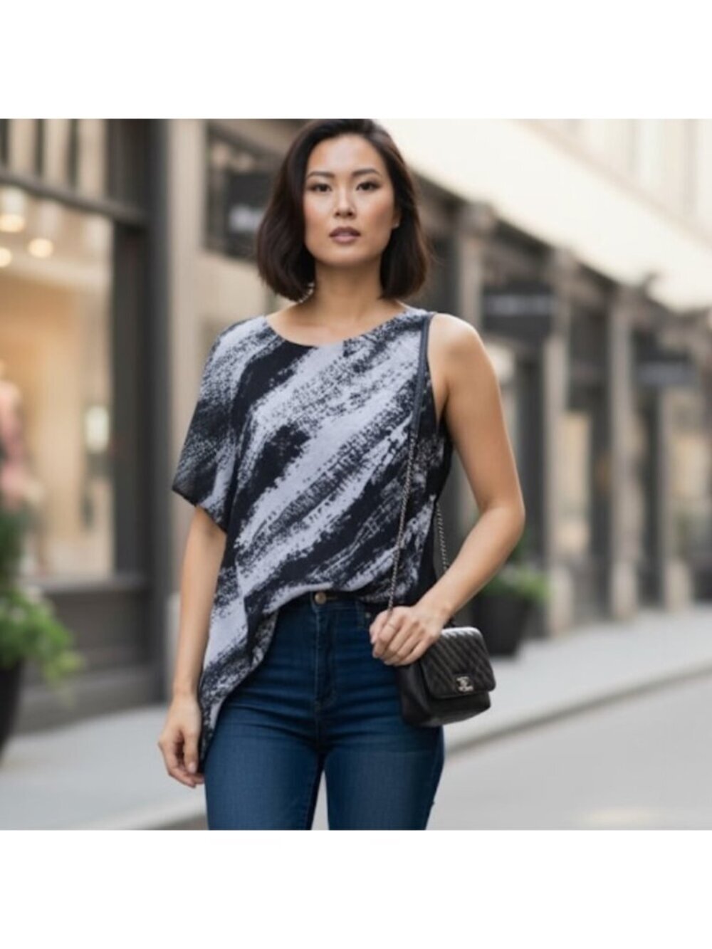 Danier Leather One Sleeve Asymmetrical Flowy Top Graphic Print Sheer Lined Top S